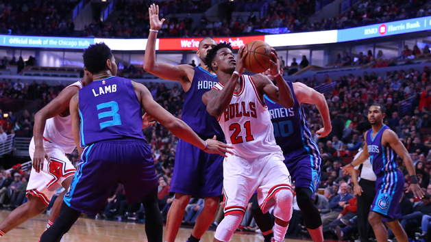 Jan 2, 2017; Chicago, IL, USA; Chicago Bulls forward Jimmy Butler (21) drives to the basket against Charlotte Hornets guard Jeremy Lamb (3) during the second half at the United Center. Chicago won 118-111. Photo Credit: Dennis Wierzbicki-USA TODAY Sports