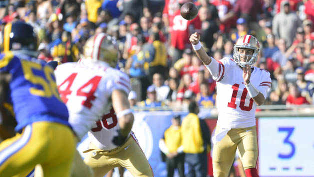 December 31, 2017; Los Angeles, CA, USA; San Francisco 49ers quarterback Jimmy Garoppolo (10) throws against the Los Angeles Rams during the first half at Los Angeles Memorial Coliseum. Photo Credit: Gary A. Vasquez-USA TODAY Sports