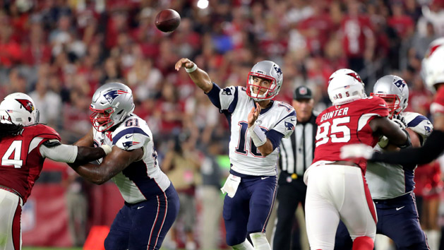 Sep 11, 2016; Glendale, AZ, USA; New England Patriots quarterback Jimmy Garoppolo (10) in the second half against the Arizona Cardinals at University of Phoenix Stadium. The Patriots defeated the Cardinals 23-21. Photo Credit: Mark J. Rebilas-USA TODAY Sports