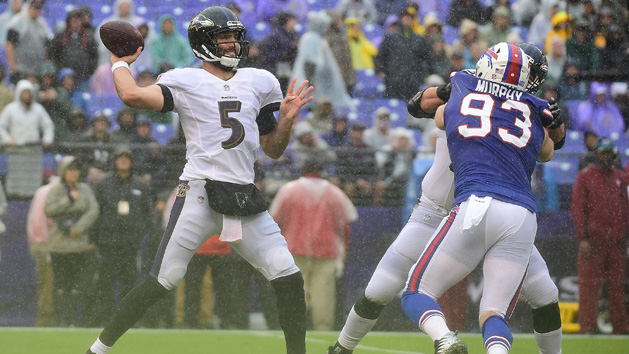 Sep 9, 2018; Baltimore, MD, USA; Baltimore Ravens quarterback Joe Flacco (5) throws during the second quarter against the Buffalo Bills at M&T Bank Stadium. Baltimore Ravens defeated Buffalo Bills 47-3. Photo Credit: Tommy Gilligan-USA TODAY Sports