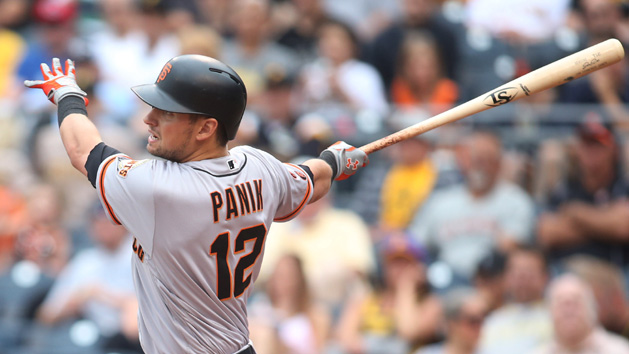 Jun 23, 2016; Pittsburgh, PA, USA; San Francisco Giants second baseman Joe Panik (12) follows through after hitting a three RBI triple against the Pittsburgh Pirates during the third inning at PNC Park. Photo Credit: Charles LeClaire-USA TODAY Sports