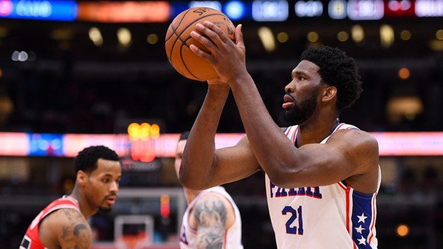 Apr 6, 2019; Chicago, IL, USA; Philadelphia 76ers center Joel Embiid (21) shoots the ball against the Chicago Bulls during the second half at the United Center. Photo Credit: Mike DiNovo-USA TODAY Sports