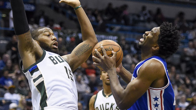 Jan 16, 2017; Milwaukee, WI, USA; Philadelphia 76ers center Joel Embiid (21) looks for a shot against Milwaukee Bucks center Greg Monroe (15) in the second quarter at BMO Harris Bradley Center. Photo Credit: Benny Sieu-USA TODAY Sports