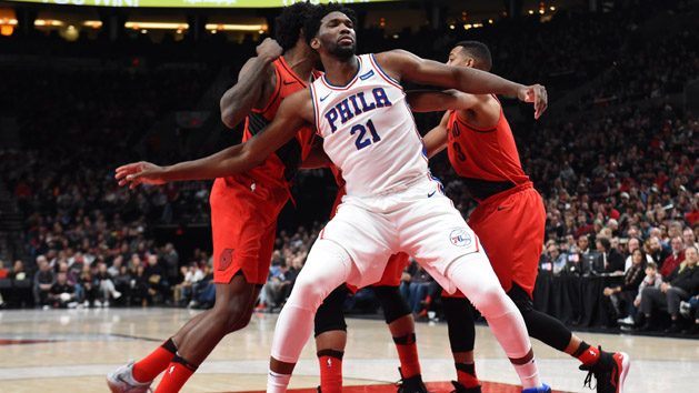 Dec 28, 2017; Portland, OR, USA; Philadelphia 76ers center Joel Embiid (21) boxes out Portland Trail Blazers forward Ed Davis (17) and guard CJ McCollum (3) during the first quarter at the Moda Center. Photo Credit: Steve Dykes-USA TODAY Sports