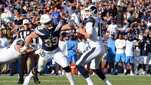 Aug 26, 2017; Los Angeles, CA, USA; Los Angeles Chargers defensive end Joey Bosa (99) forces a fumble against Los Angeles Rams quarterback Jared Goff (16) in the first quarter during a NFL football game at Los Angeles Memorial Coliseum. Photo Credit: Kirby Lee-USA TODAY Sports