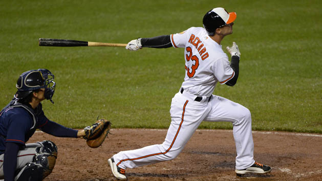 Apr 7, 2016; Baltimore, MD, USA; Baltimore Orioles left fielder Joey Rickard (23) hits a solo home run during the eighth inning against the Minnesota Twins at Oriole Park at Camden Yards. The Orioles won 4-2. Mandatory Credit: Tommy Gilligan-USA TODAY Sports