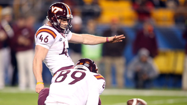 Oct 27, 2016; Pittsburgh, PA, USA; Virginia Tech Hokies place kicker Joey Slye (46) kicks a field goal against the Pittsburgh Panthers during the first half at Heinz Field. Photo Credit: Charles LeClaire-USA TODAY Sports