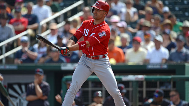Mar 1, 2016; Goodyear, AZ, USA; Cincinnati Reds first baseman Joey Votto (19) bats during the first inning against the Cleveland Indians at Goodyear Ballpark. Mandatory Credit: Joe Camporeale-USA TODAY Sports