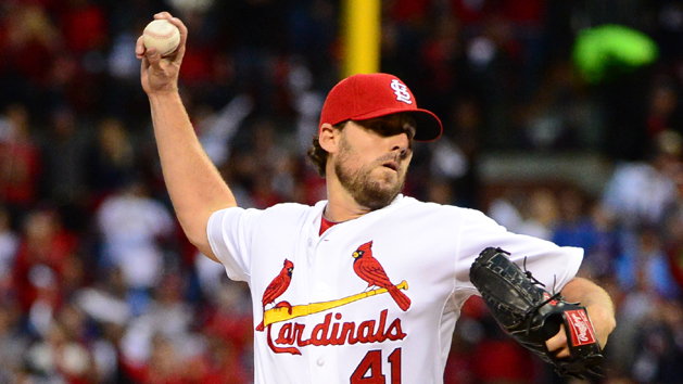Oct 9, 2015; St. Louis, MO, USA; St. Louis Cardinals starting pitcher John Lackey (41) delivers a pitch during the first inning in game one of the NLDS against the Chicago Cubs at Busch Stadium. Mandatory Credit: Jeff Curry-USA TODAY Sports