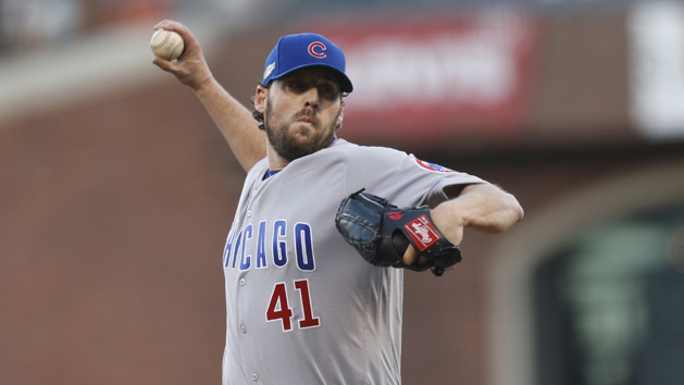 Oct 11, 2016; San Francisco, CA, USA; Chicago Cubs starting pitcher John Lackey (41) delivers a pitch during the first inning of game four of the 2016 NLDS playoff baseball game against the San Francisco Giants at AT&T Park. Photo Credit: John Hefti-USA TODAY Sports