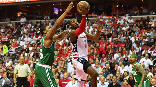 May 7, 2017; Washington, DC, USA; Washington Wizards guard John Wall (2) shoots as Boston Celtics guard Marcus Smart (36) defends during the third quarter in game four of the second round of the 2017 NBA Playoffs at Verizon Center. Photo Credit: Brad Mills-USA TODAY Sports