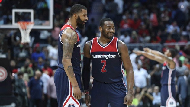 Apr 28, 2017; Atlanta, GA, USA; Washington Wizards guard John Wall (2) celebrates a play with forward Markieff Morris (5) in the closing minutes of their game against the Atlanta Hawks in game six of the first round of the 2017 NBA Playoffs at Philips Arena. Photo Credit: Jason Getz-USA TODAY Sports