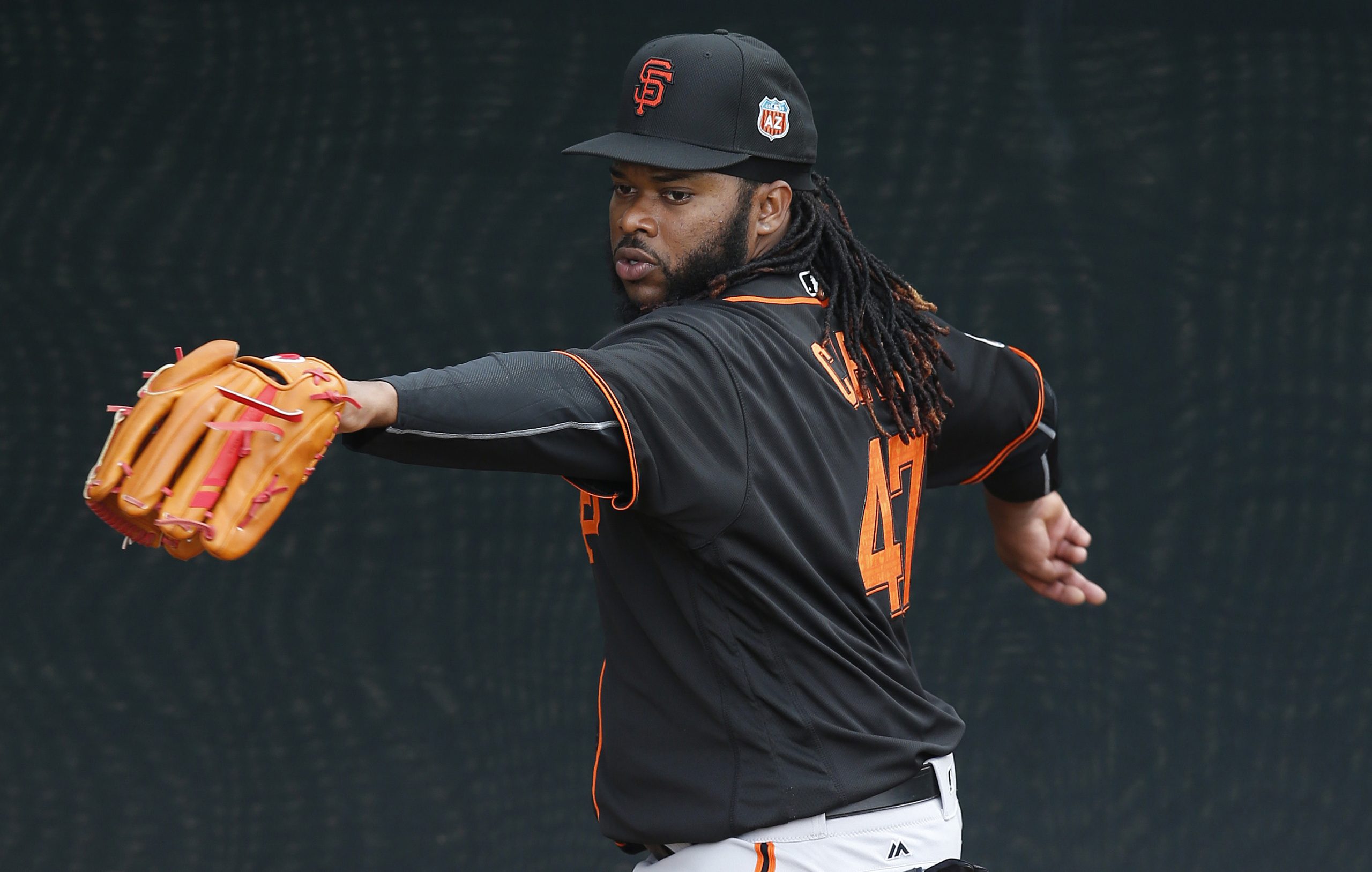 Feb 18, 2016; Scottsdale, AZ, USA; San Francisco Giants starting pitcher Johnny Cueto works in the bullpen during spring training camp at Scottsdale Stadium. Photo Credit: Rick Scuteri-USA TODAY Sports