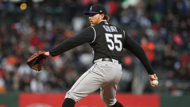 Apr 13, 2017; San Francisco, CA, USA; Colorado Rockies starting pitcher Jon Gray (55) throws to the San Francisco Giants in the first inning of their MLB baseball game at AT&T Park. Photo Credit: Lance Iversen-USA TODAY Sports