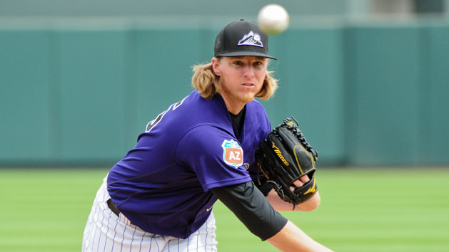 Mar 7, 2016; Salt River Pima-Maricopa, AZ, USA; Colorado Rockies starting pitcher Jon Gray (55) throws during the second inning against the Chicago Cubs at Salt River Fields at Talking Stick. Mandatory Credit: Matt Kartozian-USA TODAY Sports