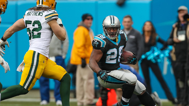 Dec 17, 2017; Charlotte, NC, USA; Carolina Panthers running back Jonathan Stewart (28) looks to cut away from Green Bay Packers outside linebacker Clay Matthews (52) during the second quarter at Bank of America Stadium. Photo Credit: Jim Dedmon-USA TODAY Sports