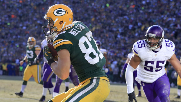 Dec 24, 2016; Green Bay, WI, USA; Green Bay Packers wide receiver Jordy Nelson (87) scores a touchdown against Minnesota Vikings outside linebacker Anthony Barr (55) in the second quarter at Lambeau Field. Photo Credit: Adam Wesley/USA TODAY NETWORK-Wisconsin via USA TODAY Sports