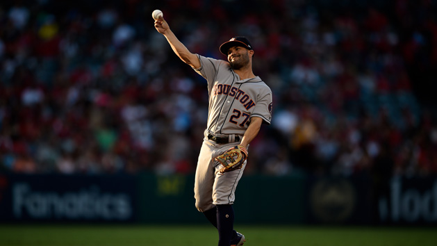 Jul 20, 2018; Anaheim, CA, USA; Houston Astros second baseman Jose Altuve (27) warms up during the first inning against the Los Angeles Angels at Angel Stadium of Anaheim. Photo Credit: Kelvin Kuo-USA TODAY Sports