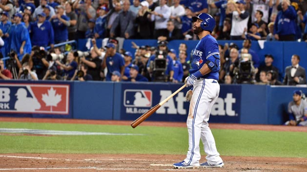 Oct 14, 2015; Toronto, Ontario, CAN; Toronto Blue Jays right fielder Jose Bautista hits a three-run home run against the Texas Rangers in the 7th inning in game five of the ALDS at Rogers Centre. Mandatory Credit: Nick Turchiaro-USA TODAY Sports