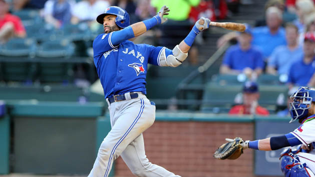 October 6, 2016; Arlington, TX, USA; Toronto Blue Jays right fielder Jose Bautista (19) hits a three run home run in the ninth inning against the Texas Rangers during game one of the 2016 ALDS playoff baseball game at Globe Life Park in Arlington. Photo Credit: Kevin Jairaj-USA TODAY Sports