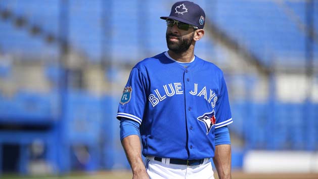 Feb 29, 2016; Dunedin, FL, USA; Toronto Blue Jays right fielder Jose Bautista (19) warms up before their interleague game at Florida Auto Exchange Stadium. Mandatory Credit: Kim Klement-USA TODAY Sports