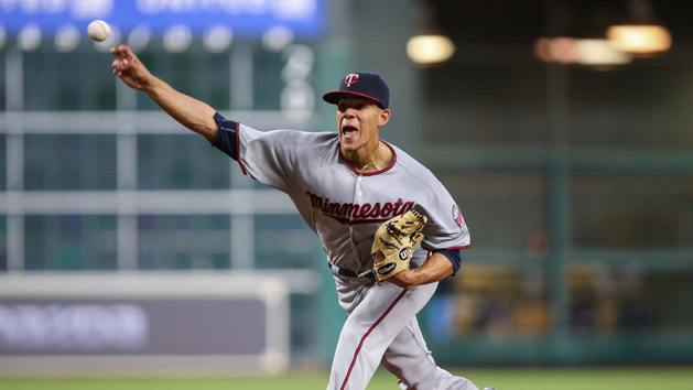 May 2, 2016; Houston, TX, USA; Minnesota Twins starting pitcher Jose Berrios (17) delivers a pitch during the third inning against the Houston Astros at Minute Maid Park. Mandatory Credit: Troy Taormina-USA TODAY Sports