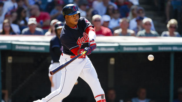 Aug 20, 2016; Cleveland, OH, USA; Cleveland Indians third baseman Jose Ramirez (11) hits a two run home run in the eighth inning against the Toronto Blue Jays at Progressive Field. Cleveland won 3-2. Photo Credit: Rick Osentoski-USA TODAY Sports