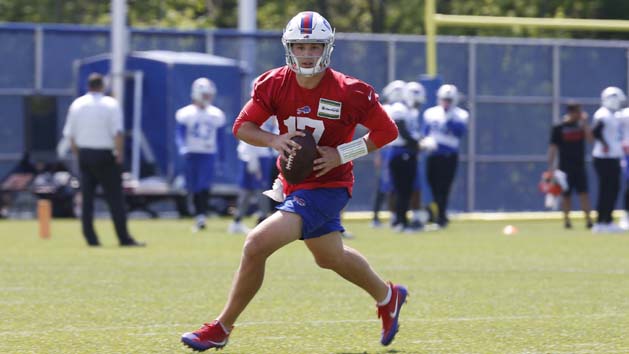 May 24, 2018; Orchard Park, NY, USA; Buffalo Bills quarterback Josh Allen (17) looks to throw a pass during OTA's at the ADPRO Sports Fieldhouse. Photo Credit: Timothy T. Ludwig-USA TODAY Sports