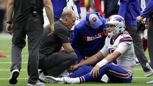 Oct 14, 2018; Houston, TX, USA; Buffalo Bills quarterback Josh Allen (17) sits injured during the second half against the Houston Texans at NRG Stadium. Photo Credit: Kevin Jairaj-USA TODAY Sports