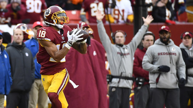 Dec 24, 2017; Landover, MD, USA; Washington Redskins wide receiver Josh Doctson (18) catches a touchdown pass against the Denver Broncos during the second half at FedEx Field. Photo Credit: Brad Mills-USA TODAY Sports