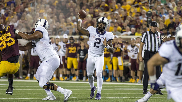 Sep 3, 2015; Minneapolis, MN, USA; TCU Horned Frogs quarterback Trevone Boykin (2) drops back for a pass in the first half against the Minnesota Golden Gophers at TCF Bank Stadium. Mandatory Credit: Jesse Johnson-USA TODAY Sports