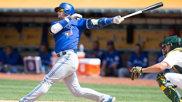 Jul 17, 2016; Oakland, CA, USA; Toronto Blue Jays third baseman Josh Donaldson (20) hits a two run double against the Oakland Athletics during the ninth inning at O.co Coliseum. The Toronto Blue Jays defeated the Oakland Athletics 5-3. Photo Credit: Kelley L Cox-USA TODAY Sports