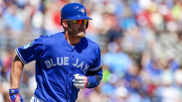 Mar 20, 2017; Dunedin, FL, USA; Toronto Blue Jays third baseman Josh Donaldson (20) runs to first after a hit in the sixth inning of a baseball game against the Minnesota Twins during spring training at Florida Auto Exchange Stadium. Photo Credit: Butch Dill-USA TODAY Sports