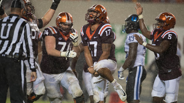 Oct 28, 2017; Blacksburg, VA, USA; Virginia Tech Hokies quarterback Josh Jackson (17) celebrates his third period touchdown against the Duke Blue Devils at Lane Stadium. Photo Credit: Lee Luther Jr.-USA TODAY Sports