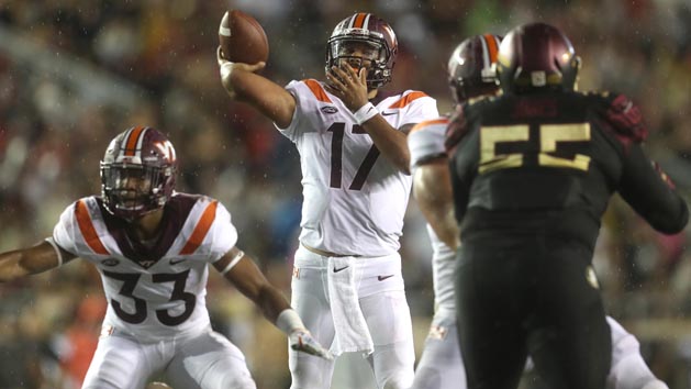 Sep 3, 2018; Tallahassee, FL, USA; Virginia Tech Hokies quarterback Josh Jackson throws a pass against the Florida State Seminoles in the first half at Doak Campbell Stadium. Photo Credit: Joe Rondone/Tallahasse Democrat via USA TODAY NETWORK