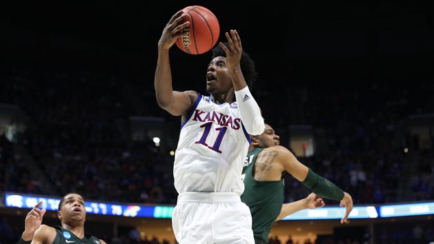 Mar 19, 2017; Tulsa, OK, USA; Kansas Jayhawks guard Josh Jackson (11) goes up for a shot during the second half against the Michigan State Spartans in the second round of the 2017 NCAA Tournament at BOK Center. Kansas defeated Michigan State 90-70. Photo Credit: Kevin Jairaj-USA TODAY Sports