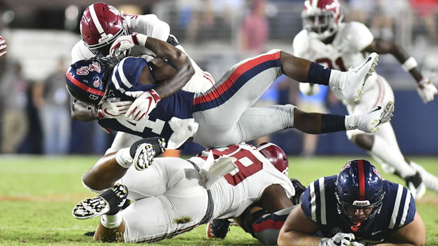 Sep 15, 2018; Oxford, MS, USA; Alabama Crimson Tide linebacker Joshua McMillon (40) tackles Mississippi Rebels running back Tylan Knight (4) during the fourth quarter at Vaught-Hemingway Stadium. Photo Credit: Matt Bush-USA TODAY Sports