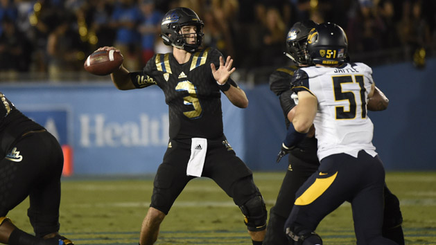 Oct 22, 2015; Pasadena, CA, USA; UCLA Bruins quarterback Josh Rosen (3) passes against the California Golden Bears during the first quarter at Rose Bowl. Mandatory Credit: Richard Mackson-USA TODAY Sports
