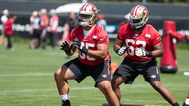 Jun 8, 2016; Santa Clara, CA, USA; San Francisco 49ers guard Joshua Garnett (65) runs drills with defensive end Tony Jerod-Eddie (63) during minicamp at the San Francisco 49ers Practice Facility. Photo Credit: Kelley L Cox-USA TODAY Sports