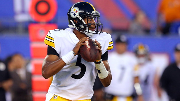 Aug 11, 2017; East Rutherford, NJ, USA; Pittsburgh Steelers quarterback Joshua Dobbs (5) drops back to pass against the New York Giants during the second quarter of a preseason game at MetLife Stadium. Photo Credit: Brad Penner-USA TODAY Sports