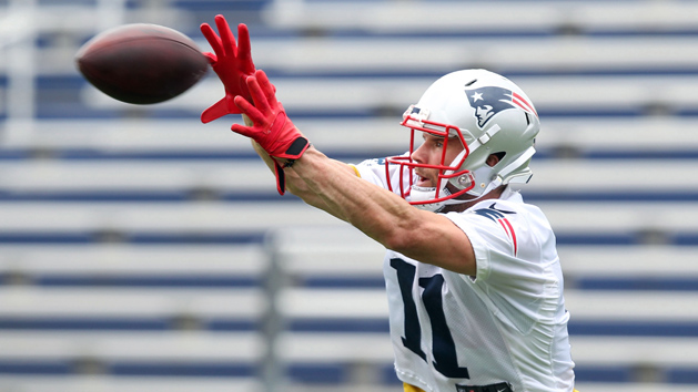May 22, 2018; Foxborough, MA, USA; New England Patriots wide receiver Julian Edelman (11) catches a pass during organized team activities at Gillette practice fields. Photo Credit: Stew Milne-USA TODAY Sports