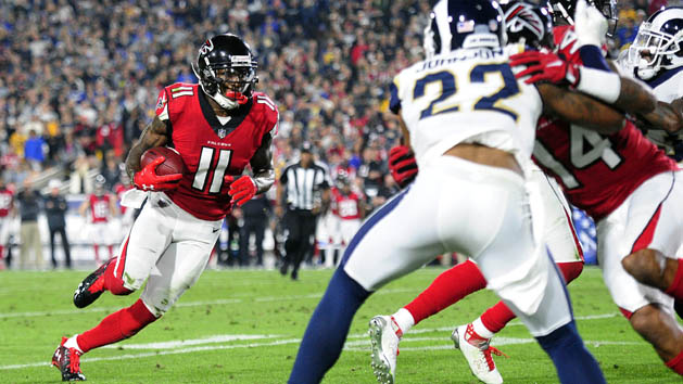 January 6, 2018; Los Angeles, CA, USA; Atlanta Falcons wide receiver Julio Jones (11) runs the ball against the Los Angeles Rams during the first half in the NFC Wild Card playoff football game at the Los Angeles Memorial Coliseum. Photo Credit: Gary A. Vasquez-USA TODAY Sports