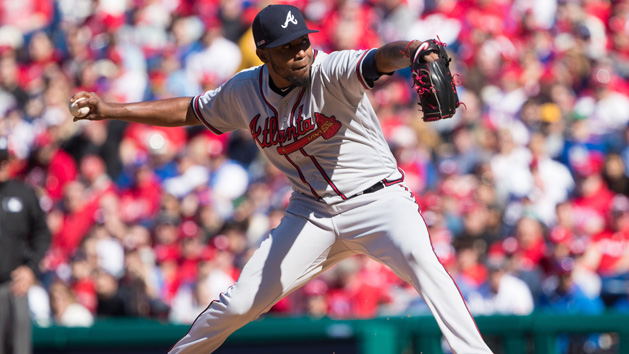 Mar 28, 2019; Philadelphia, PA, USA; Atlanta Braves starting pitcher Julio Teheran (49) throws a pitch during the first inning against the Philadelphia Phillies at Citizens Bank Park. Photo Credit: Bill Streicher-USA TODAY Sports