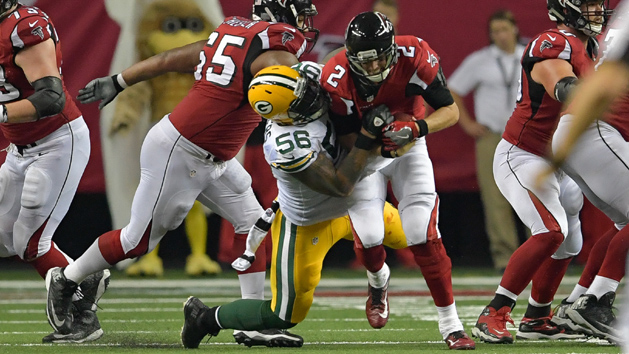 Oct 30, 2016; Atlanta, GA, USA; Green Bay Packers outside linebacker Julius Peppers (56) sacks Atlanta Falcons quarterback Matt Ryan (2) during the second half at the Georgia Dome. The Falcons defeated the Packers 33-32. Photo Credit: Dale Zanine-USA TODAY Sports