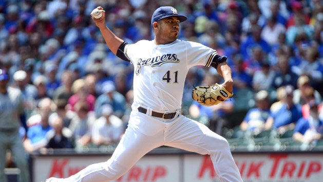 May 19, 2016; Milwaukee, WI, USA; Milwaukee Brewers pitcher Junior Guerra (41) pitches in the first inning against the Chicago Cubs at Miller Park. Mandatory Credit: Benny Sieu-USA TODAY Sports