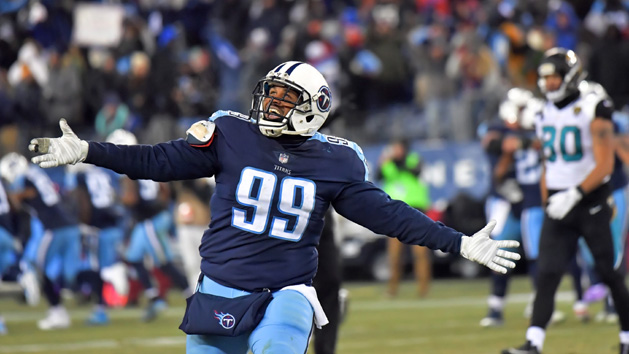 Dec 31, 2017; Nashville, TN, USA; Tennessee Titans defensive end Jurrell Casey (99) reacts after teammate Titans free safety Kevin Byard (31) intercepts a pass to end the game and give the Titans the win against the Jacksonville Jaguars during the second half at Nissan Stadium. Tennessee won 15-10. Photo Credit: Jim Brown-USA TODAY Sports
