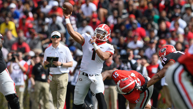 Apr 21, 2018; Athens, GA, USA; Georgia Bulldogs quarterback Justin Fields (1) passes during the Georgia Spring Game at Sanford Stadium. Photo Credit: Dale Zanine-USA TODAY Sports