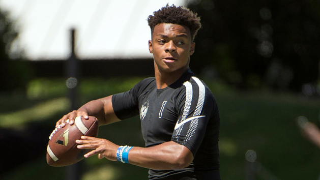 July 4, 2017; Beaverton, OR, USA; High school quarterback Justin Fields (1) throws a pass during the 7 on 7 championship game during The Opening at Nike World Headquarters. Photo Credit: Troy Wayrynen-USA TODAY Sports