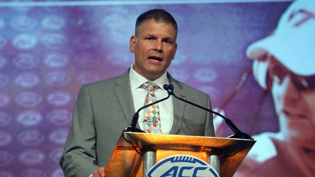 Jul 21, 2016; Charlotte, NC, USA; Virginia Tech Hokies head coach Justin Fuente speaks to the media during the ACC Football Kickoff at Westin Charlotte. Photo Credit: Jeremy Brevard-USA TODAY Sports