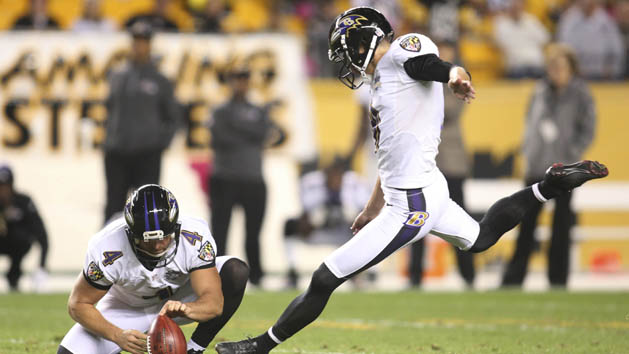 Oct 1, 2015; Pittsburgh, PA, USA; Baltimore Ravens kicker Justin Tucker (9) kicks a game winning fifty-two yard field goal to defeat the Pittsburgh Steelers in overtime at Heinz Field. The Ravens won 23-20 in overtime. Mandatory Credit: Charles LeClaire-USA TODAY Sports